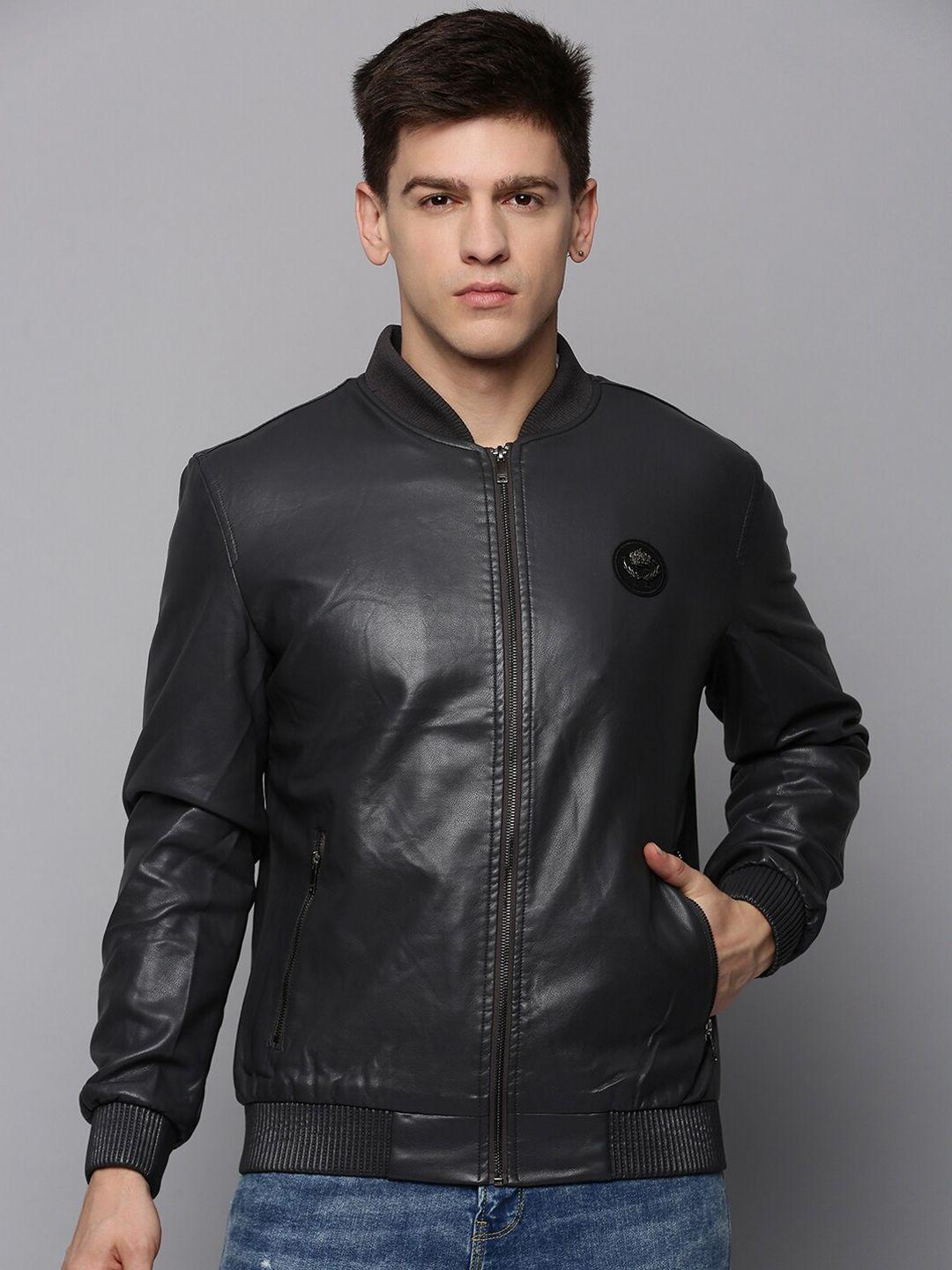 showoff men mandarin collar leather jacket