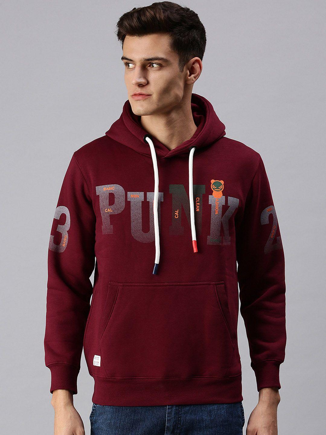 showoff men maroon printed hooded sweatshirt