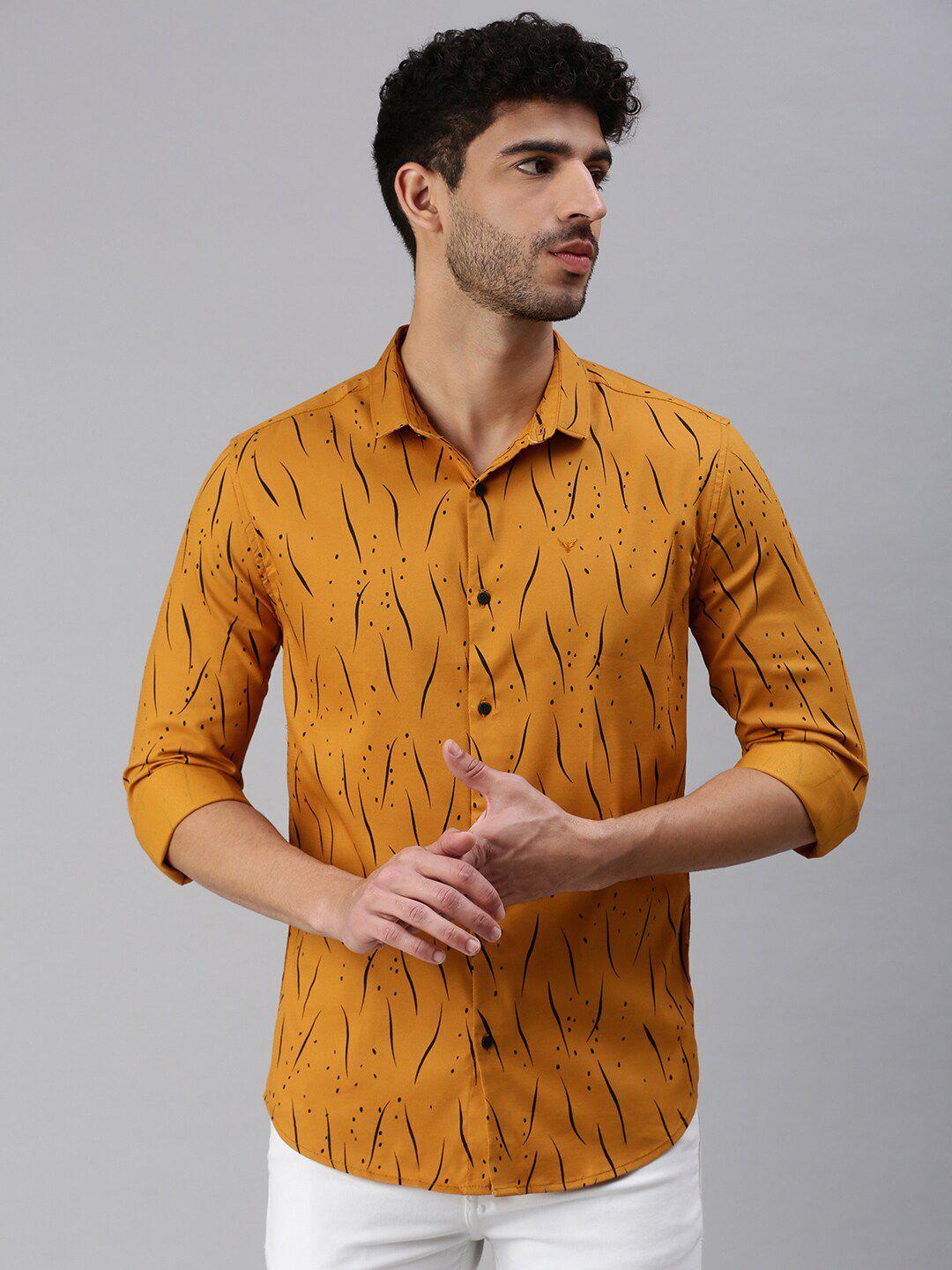 showoff men mustard comfort printed casual shirt