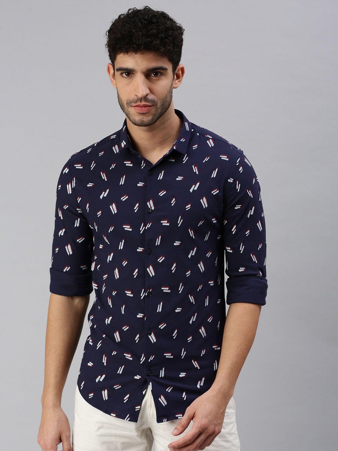 showoff men navy blue comfort printed casual shirt