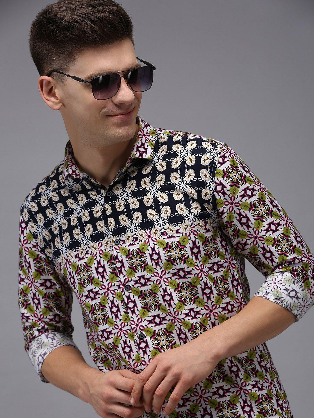 showoff men navy blue comfort printed cotton casual shirt