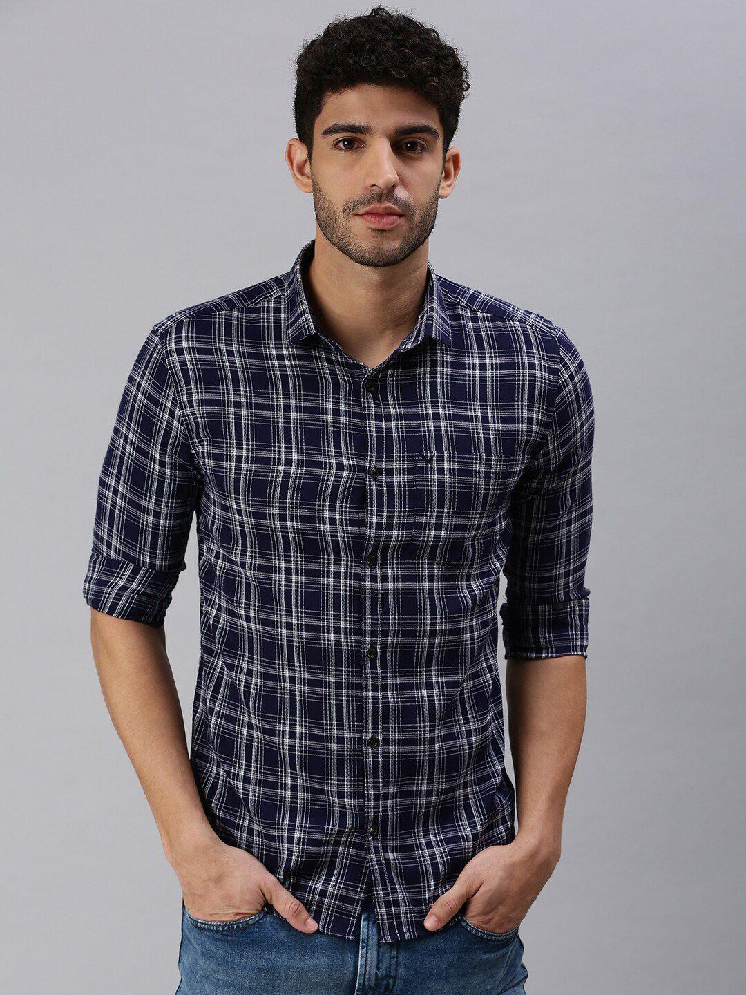 showoff men navy blue comfort tartan checks checked casual shirt