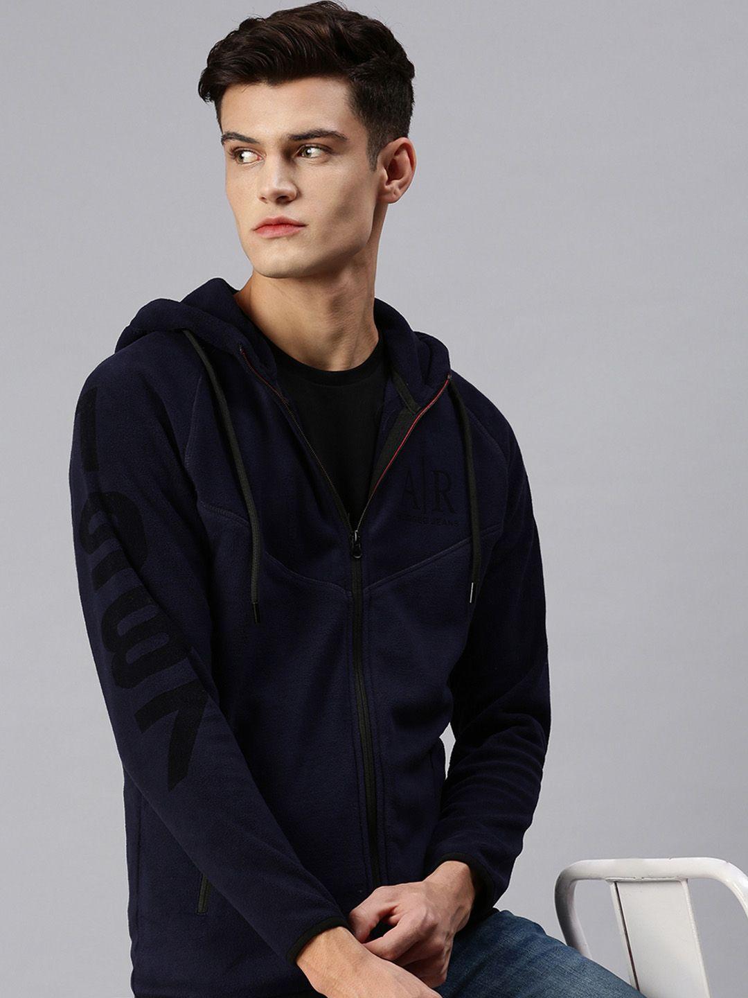 showoff men navy blue hooded  frontopen  sweatshirt