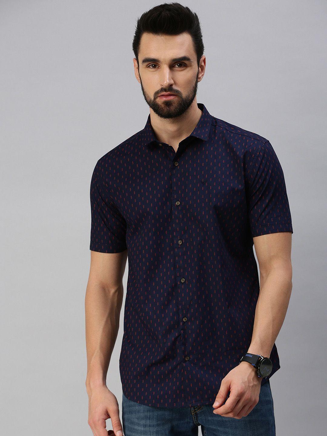 showoff men navy blue premium slim fit printed cotton casual shirt