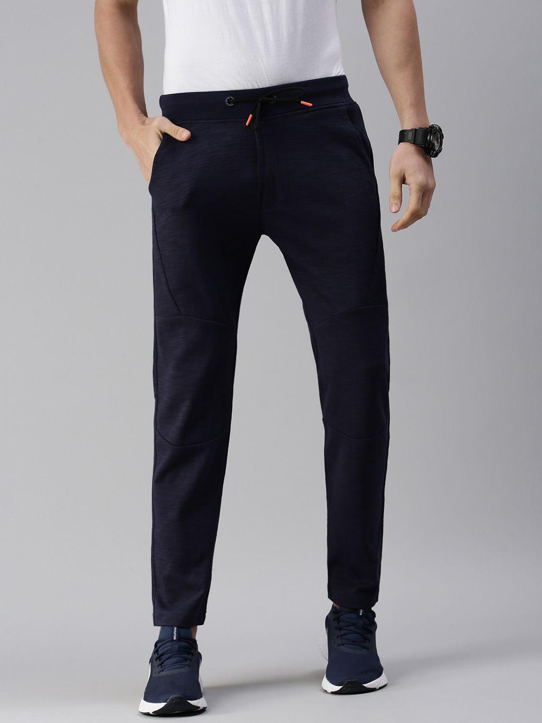 showoff men navy blue solid straight fit cotton track pants