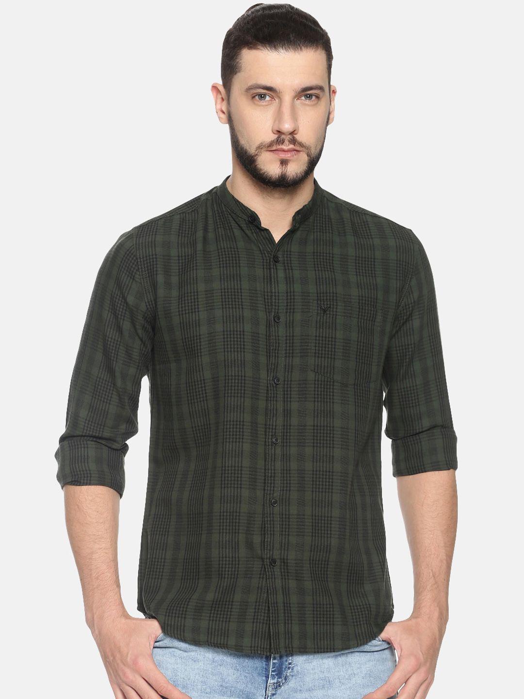 showoff men olive green & black slim fit checked casual shirt