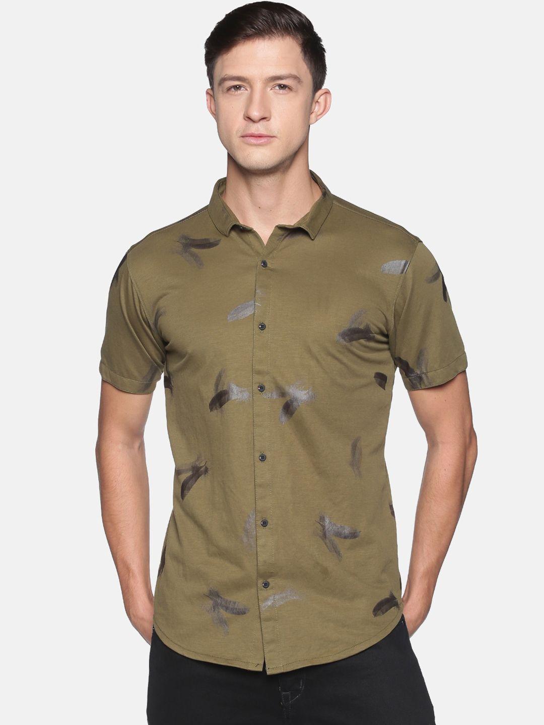 showoff men olive green comfort slim fit printed casual shirt