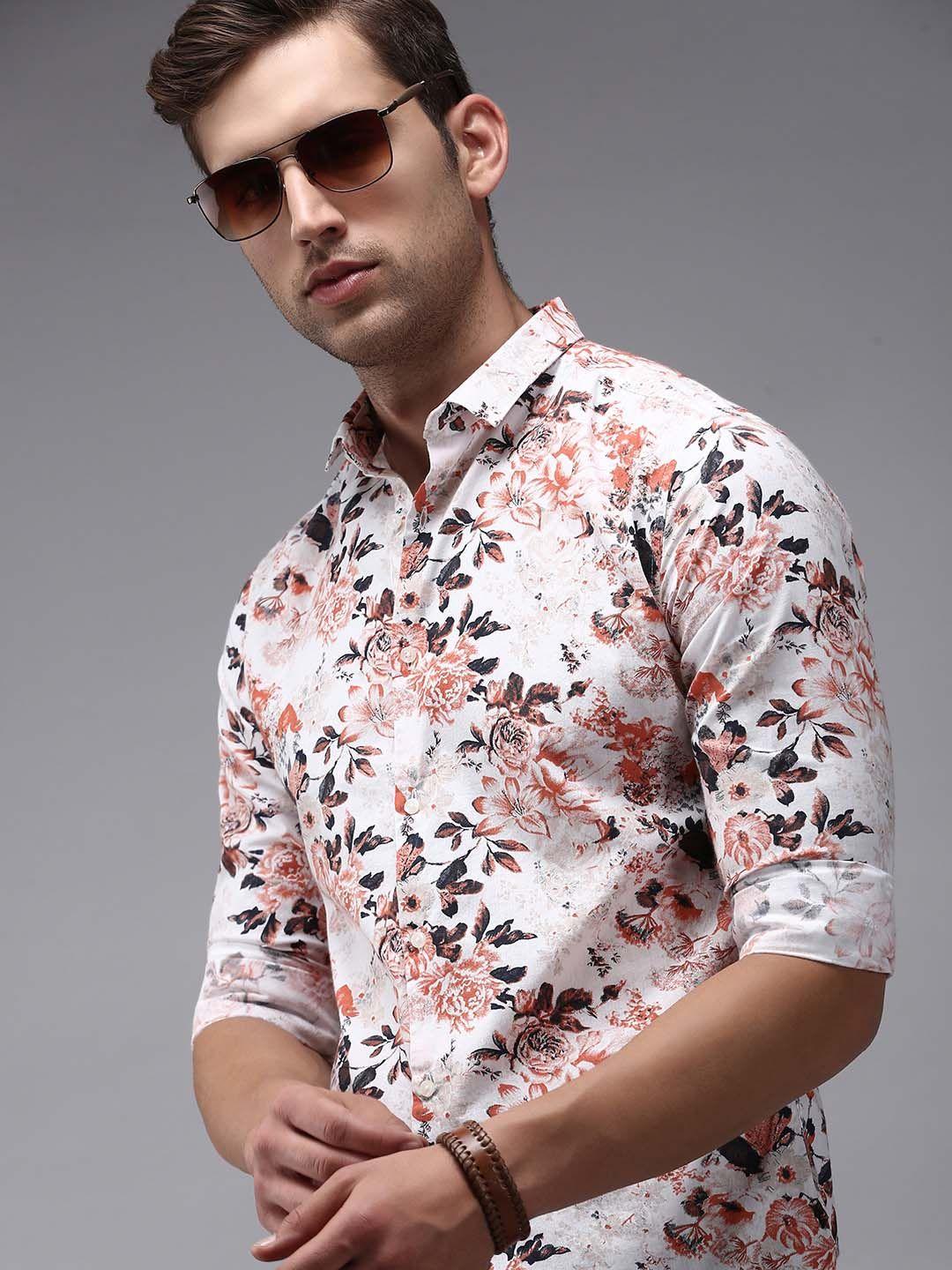 showoff men orange & white floral printed comfort fit cotton casual shirt