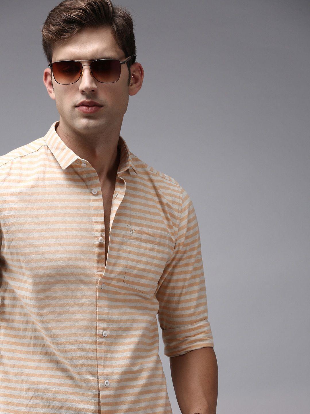 showoff men orange classic horizontal striped cotton casual shirt