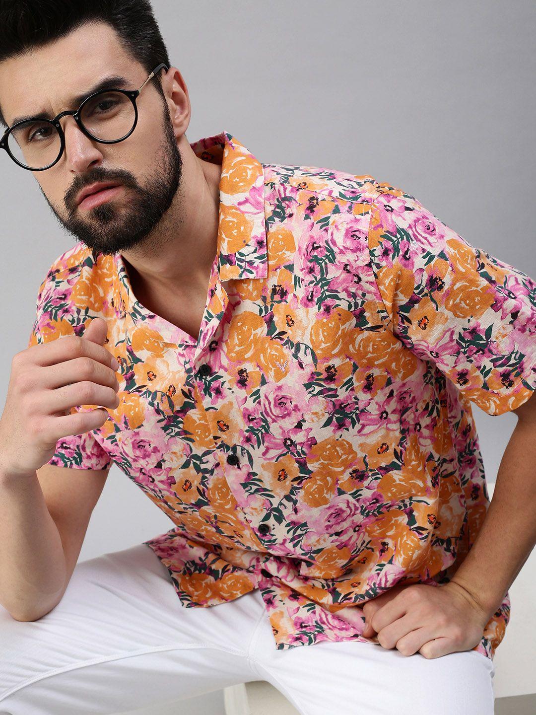 showoff men orange comfort slim fit floral printed casual shirt