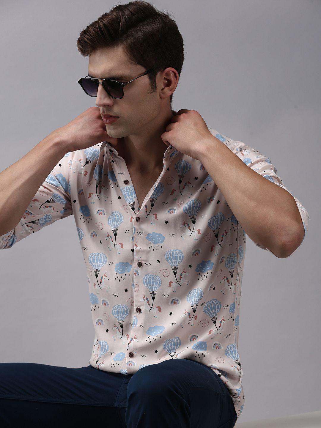 showoff men peach-coloured & blue comfort printed cottoncasual shirt