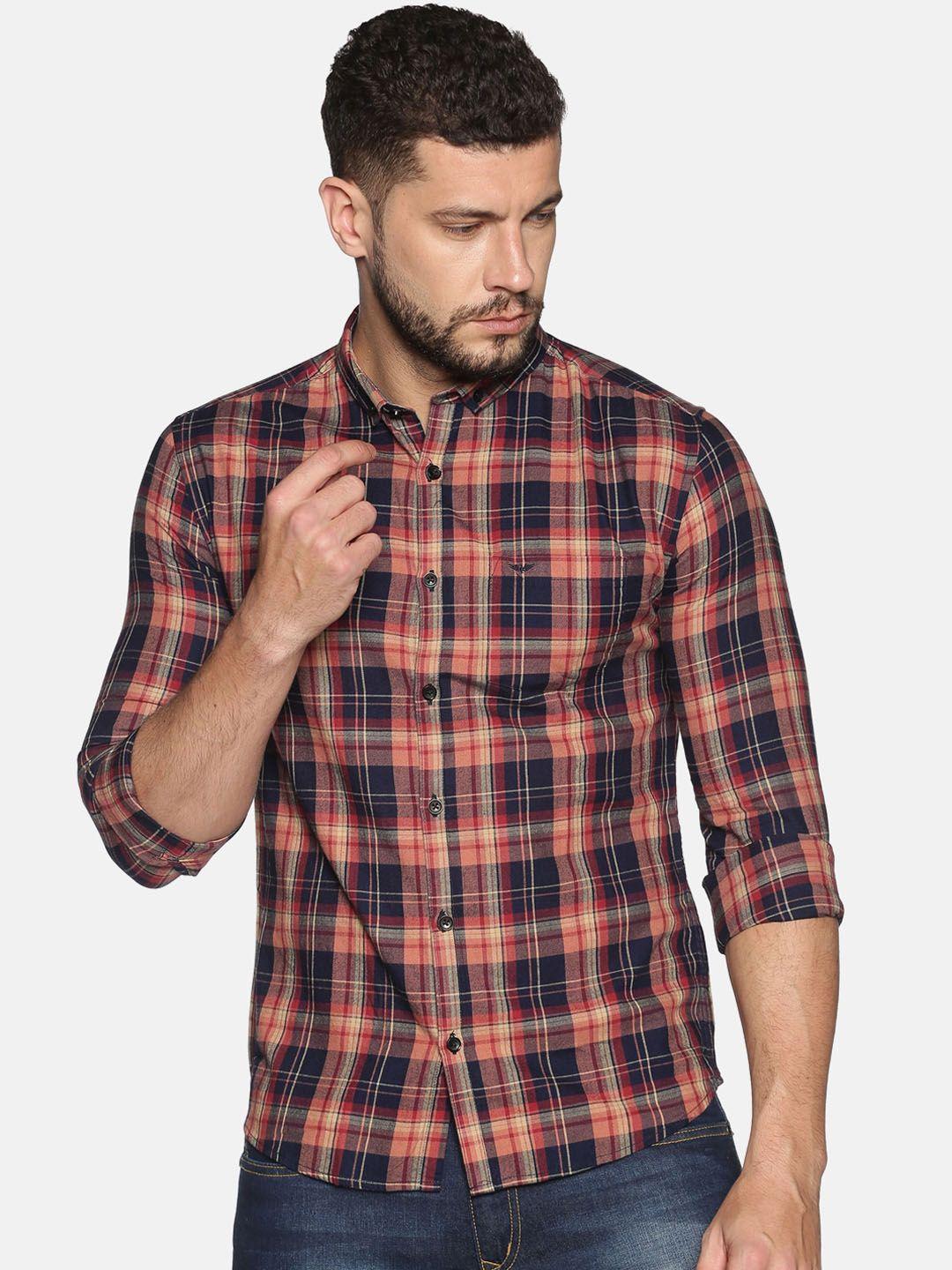 showoff men peach slim fit checked casual shirt