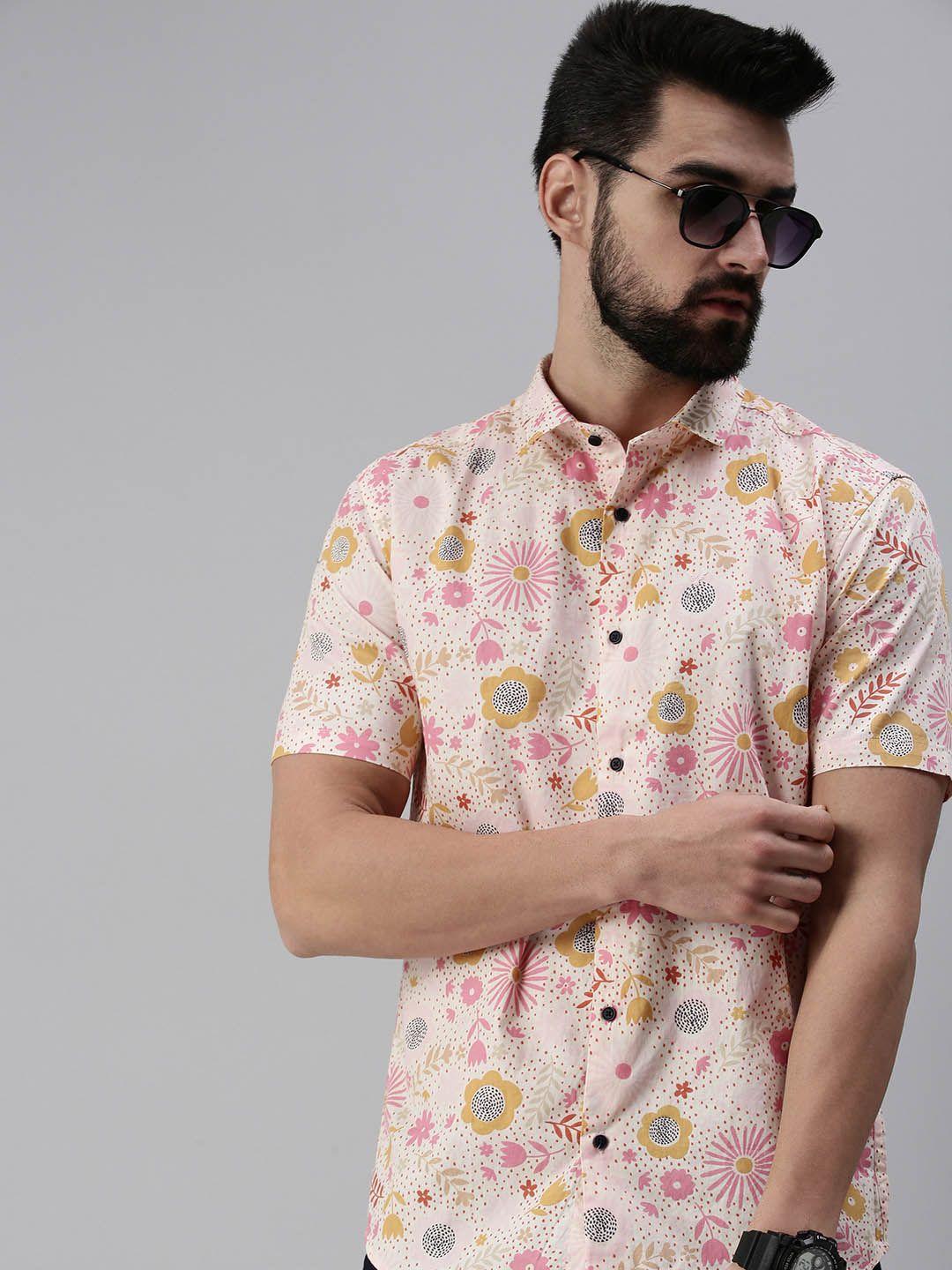 showoff men pink comfort slim fit floral printed casual cotton shirt