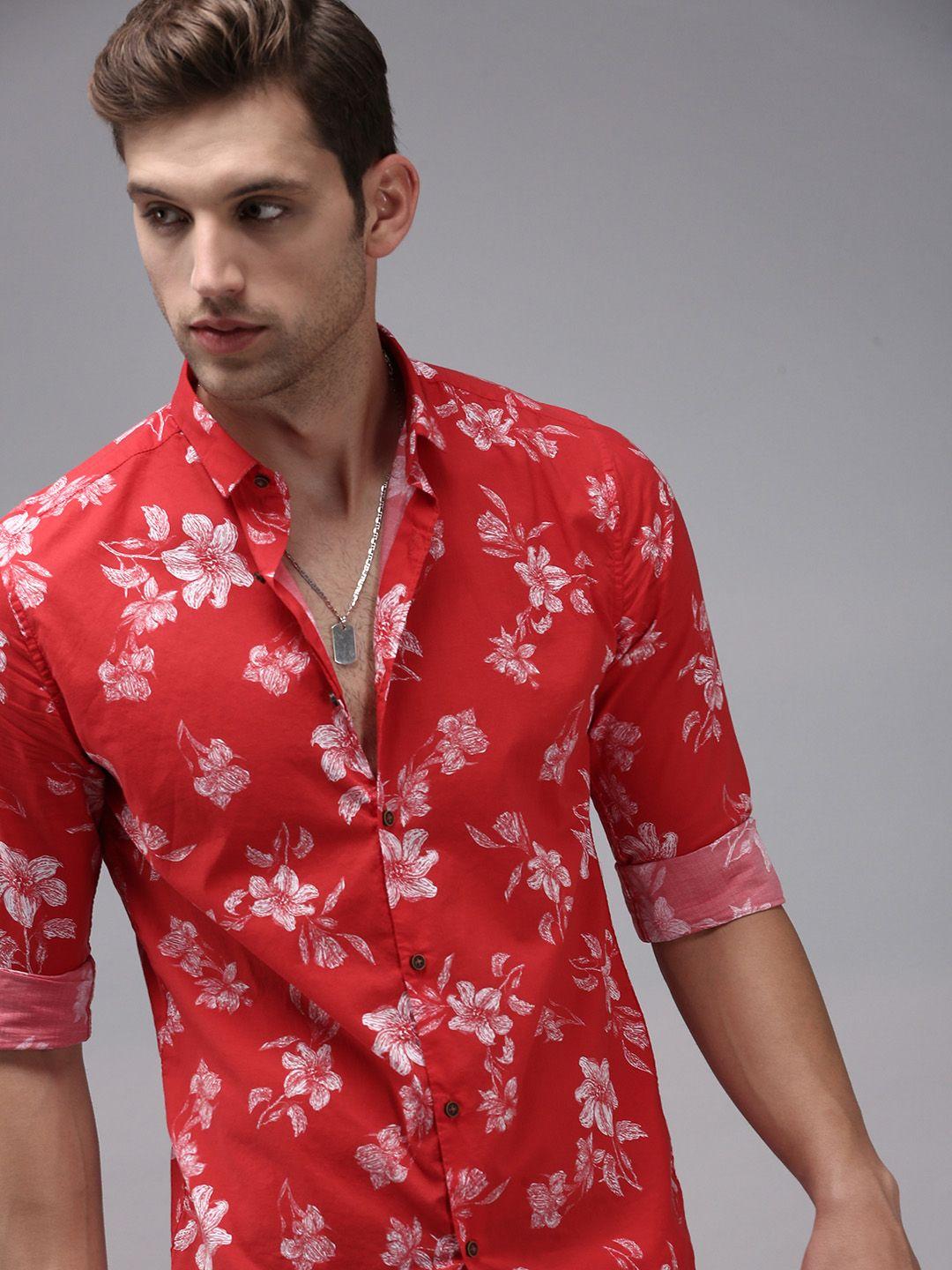 showoff men red comfort floral printed cotton casual shirt