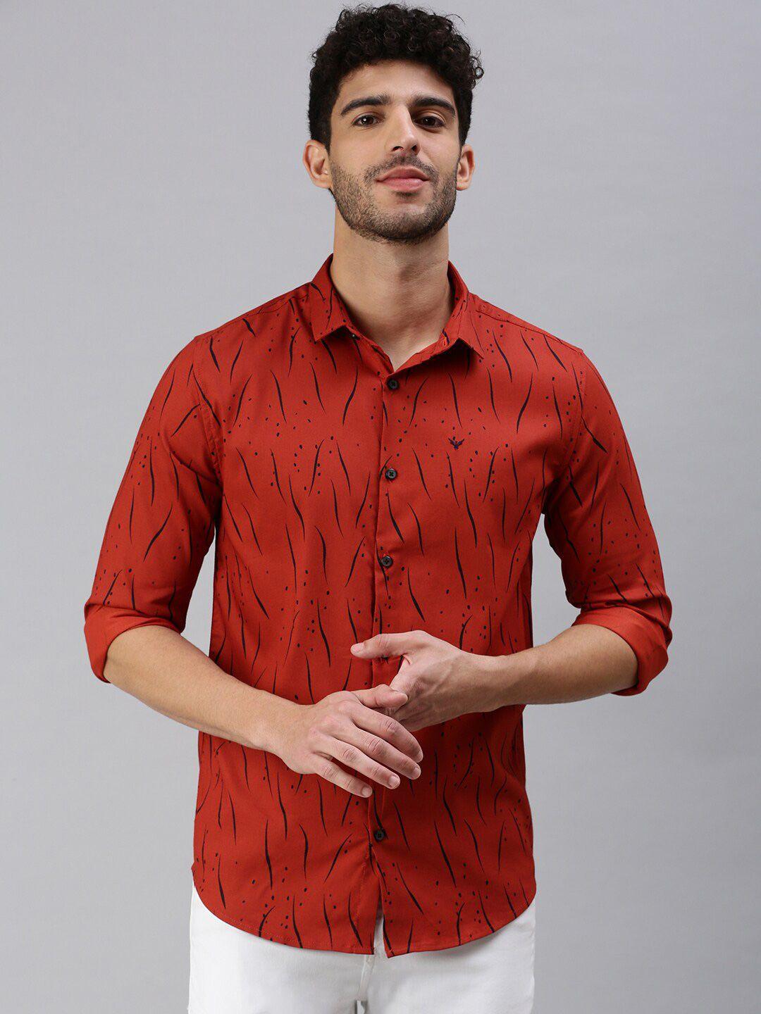 showoff men rust comfort printed casual shirt