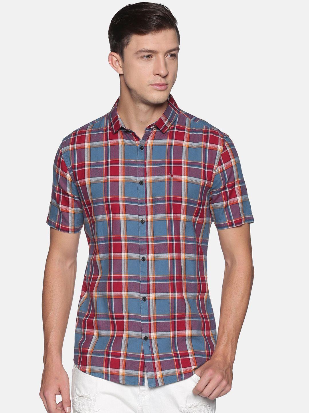 showoff men rust comfort slim fit checked casual shirt