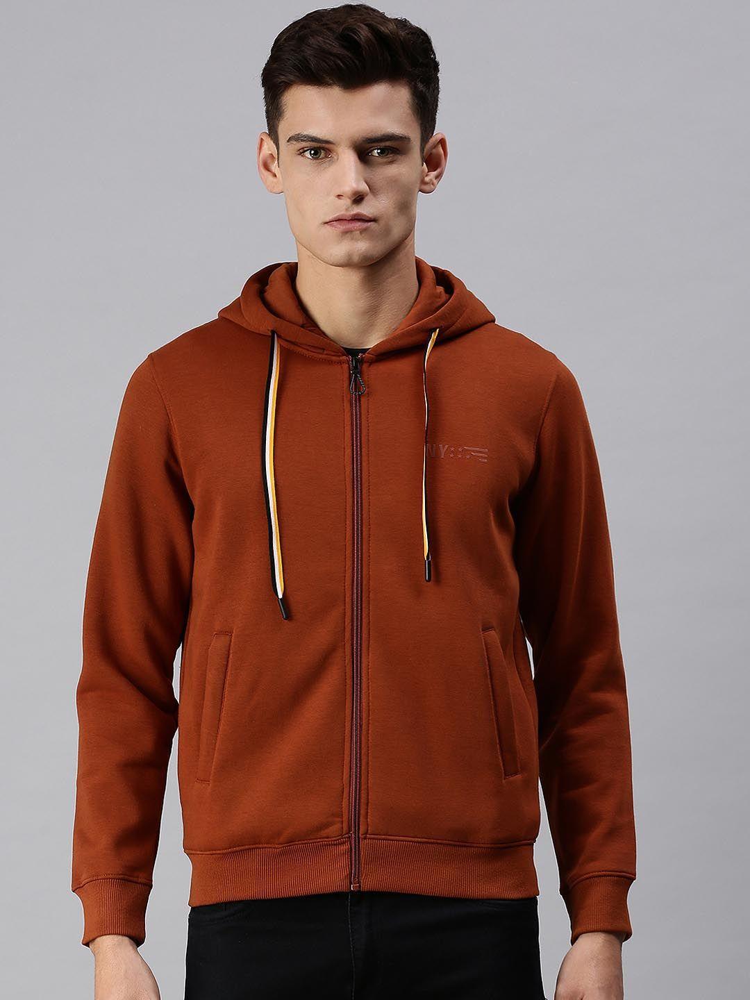 showoff men tan solid hooded sweatshirt