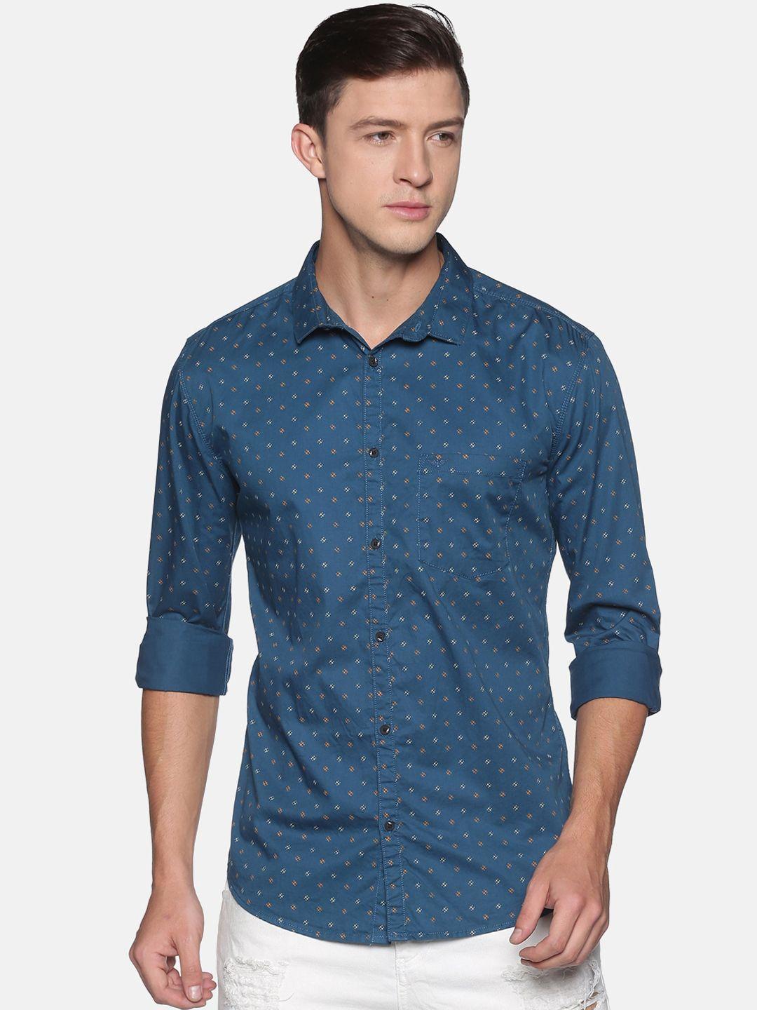showoff men teal comfort slim fit printed cotton casual shirt