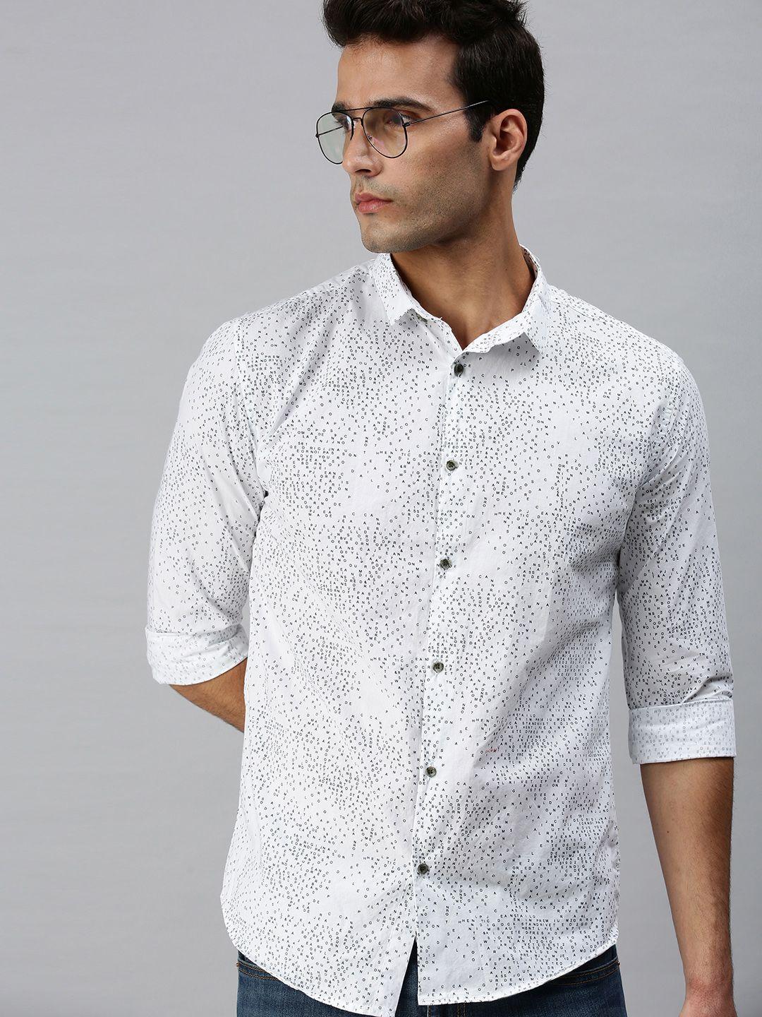 showoff men white & black classic slim fit ditsy printed cotton casual shirt