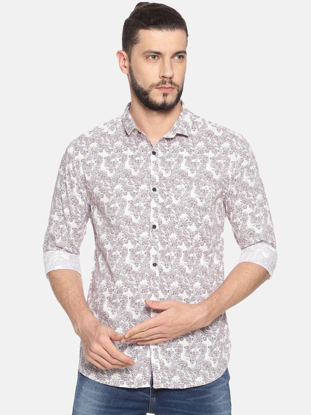 showoff men white & maroon slim fit floral print casual shirt