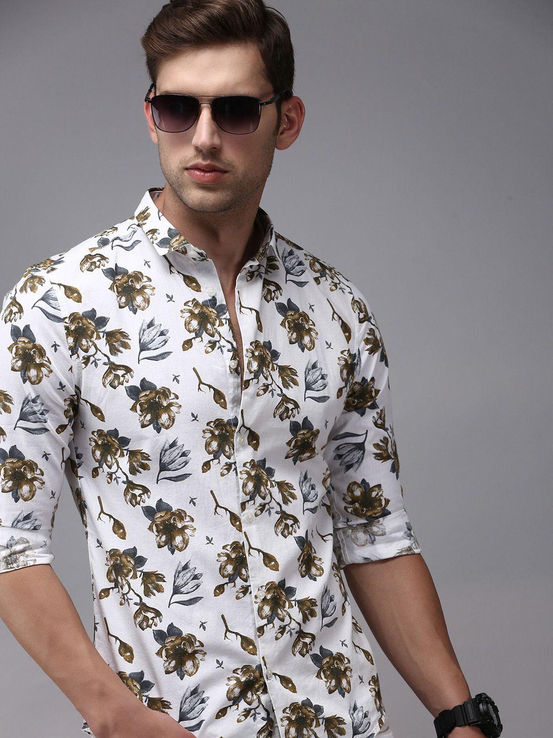 showoff men white comfort floral printed cotton casual shirt