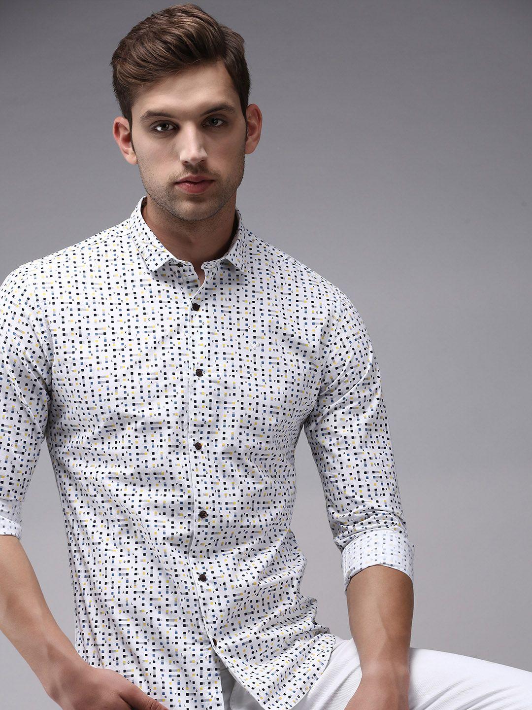 showoff men white comfort printed cotton casual shirt