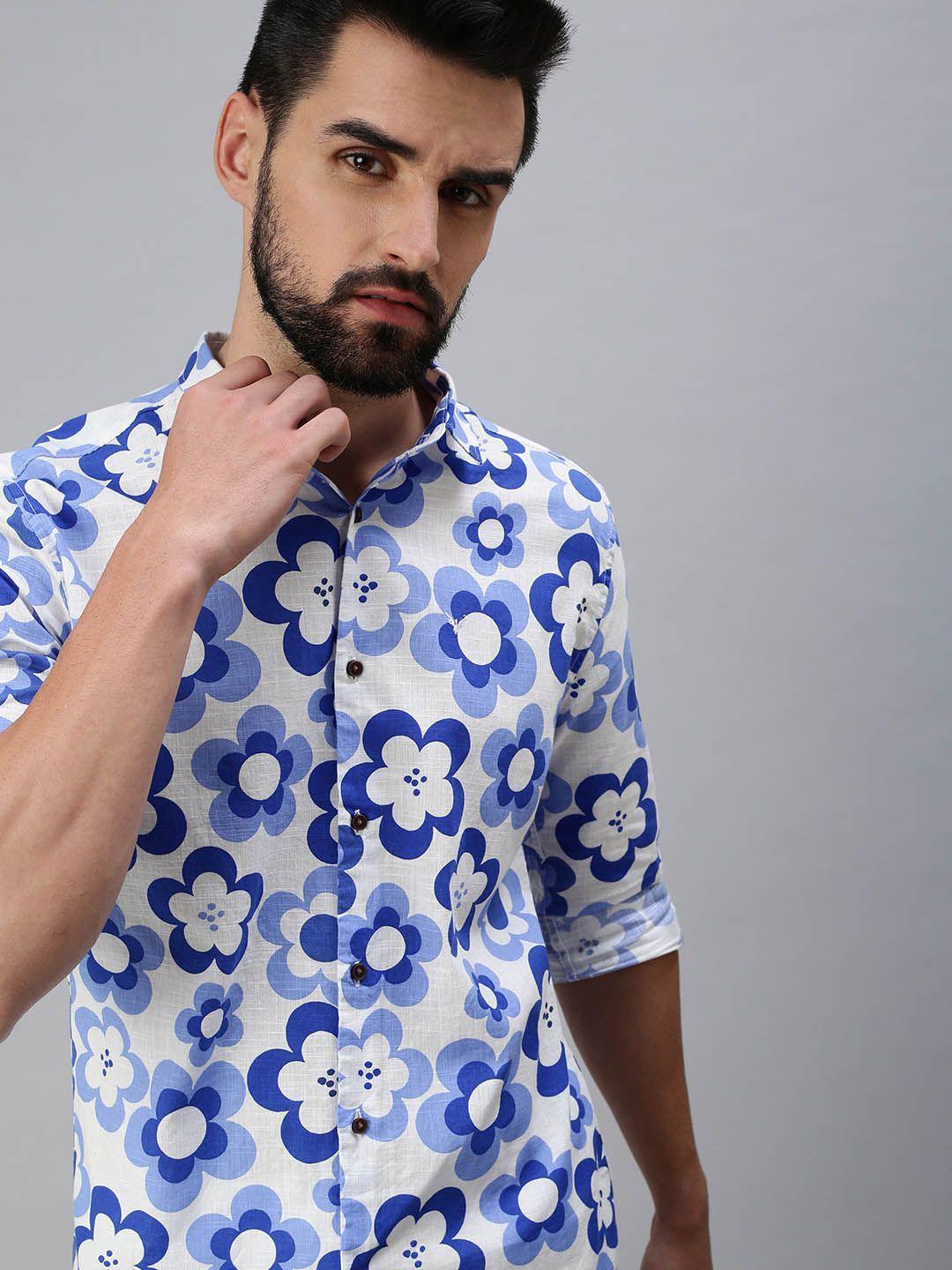 showoff men white comfort slim fit floral printed cotton casual shirt