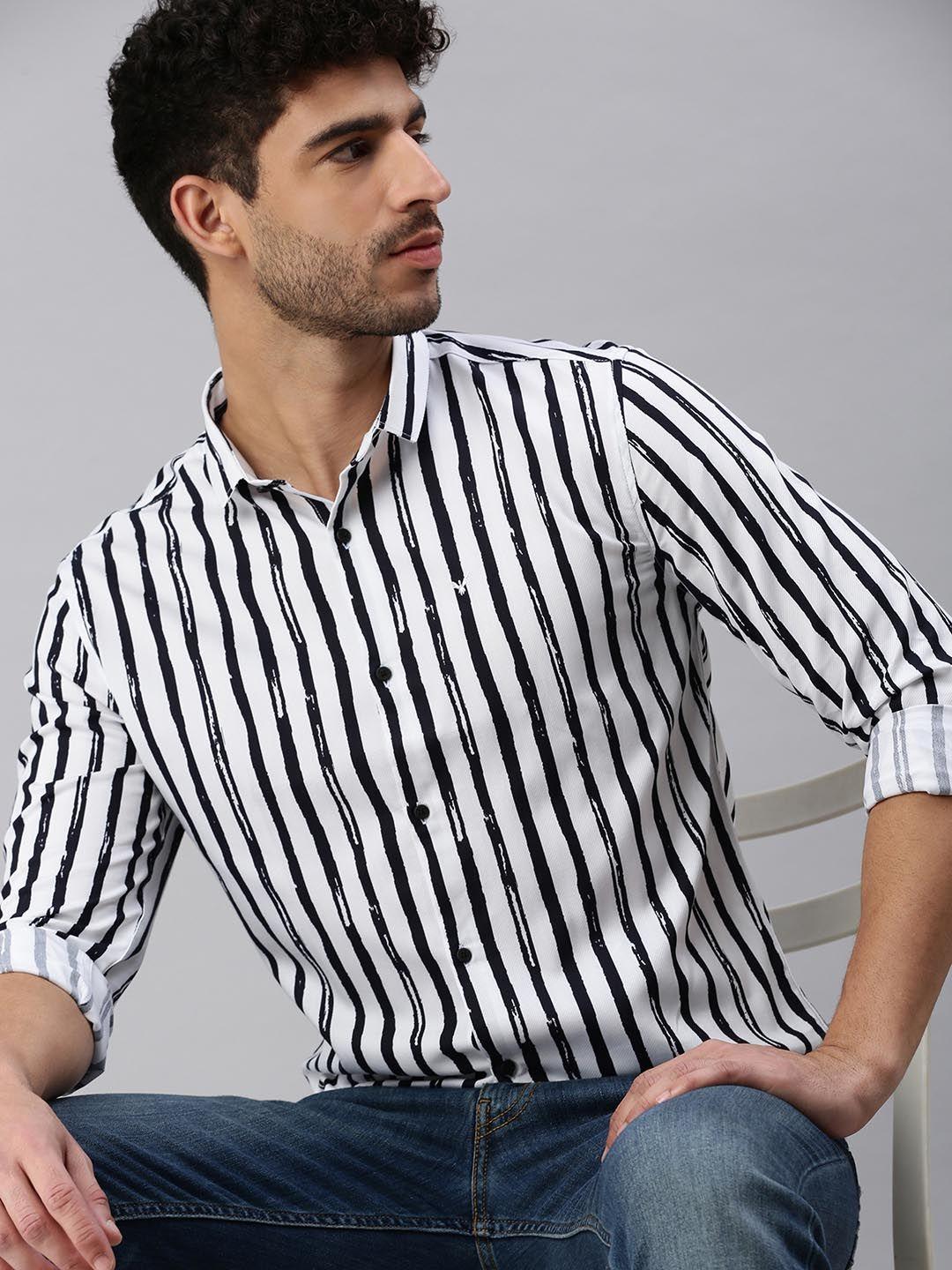 showoff men white comfort striped casual shirt