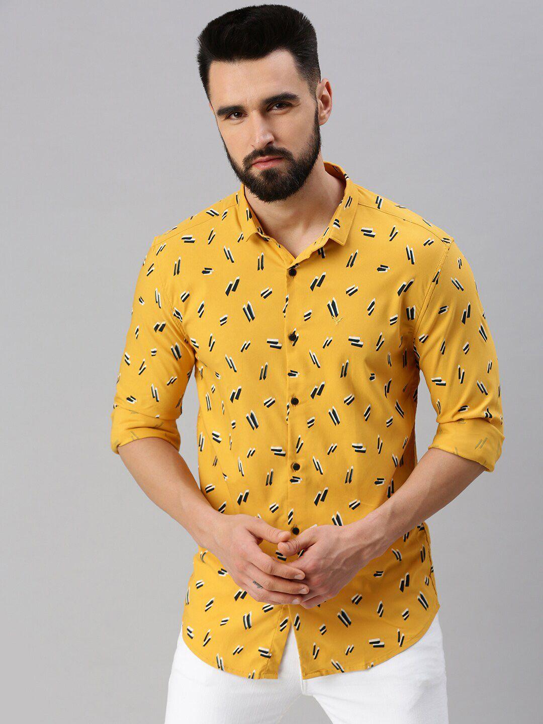 showoff men yellow comfort printed casual shirt