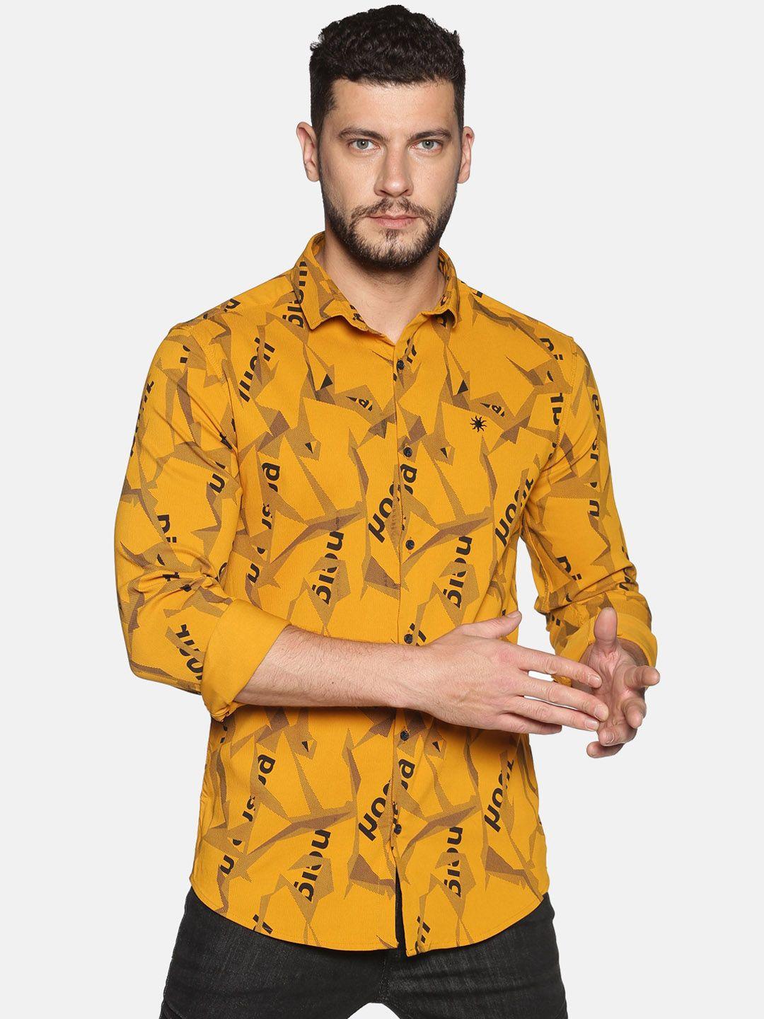 showoff men yellow slim fit printed casual shirt