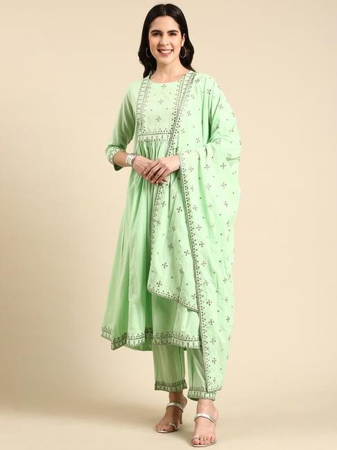 showoff mint cotton embellished kurta with pants & dupatta