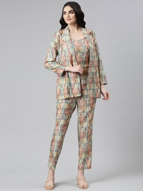 showoff multicolor cotton blend printed crop top with trousers & jacket