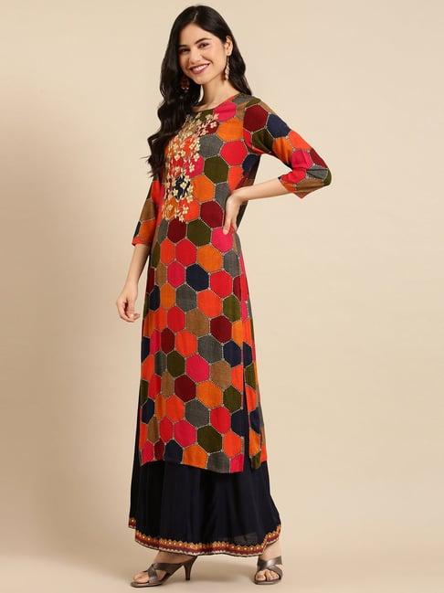 showoff multicolor cotton embroidered calf length straight kurta