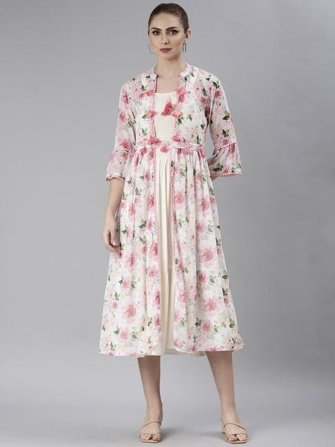 showoff multicolor cotton floral print midi dress with coat