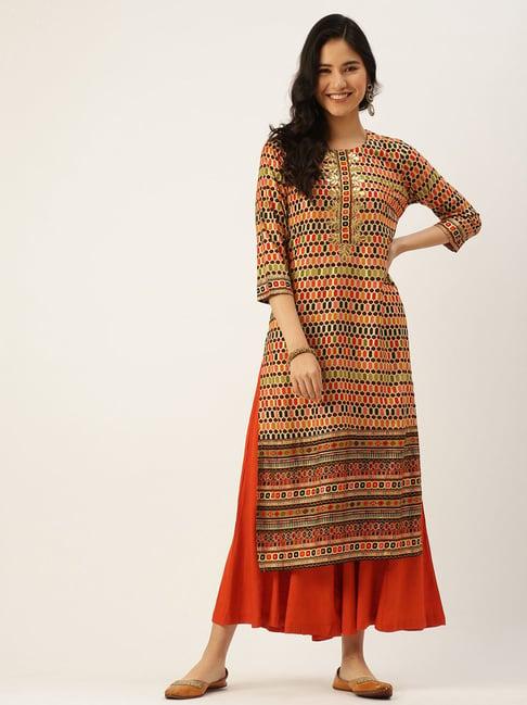 showoff multicolor cotton geometric calf length straight kurta