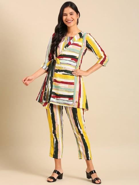 showoff multicolored striped kurti pant set