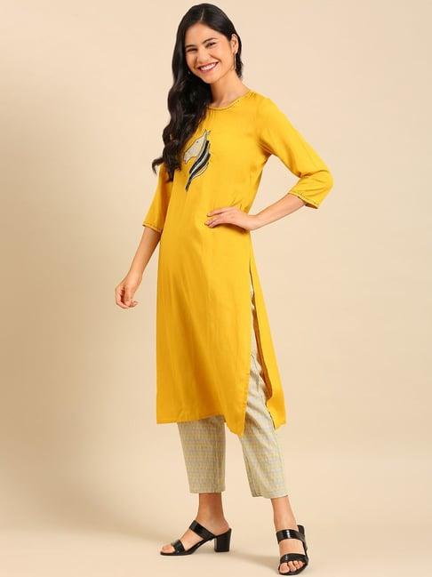 showoff mustard & grey cotton embroidered kurta pant set