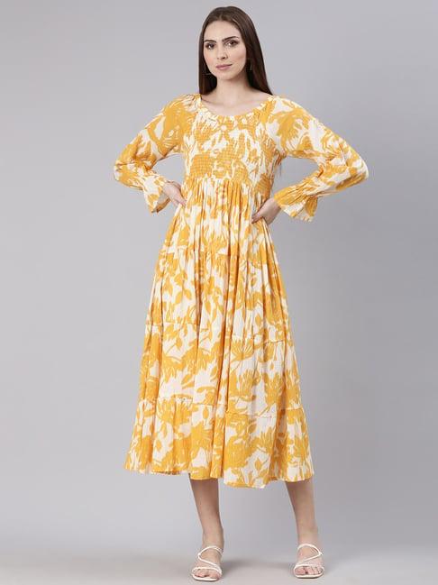 showoff mustard & white cotton floral print midi dress