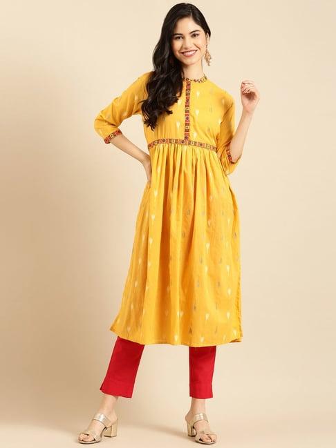 showoff mustard cotton calf length a line kurta