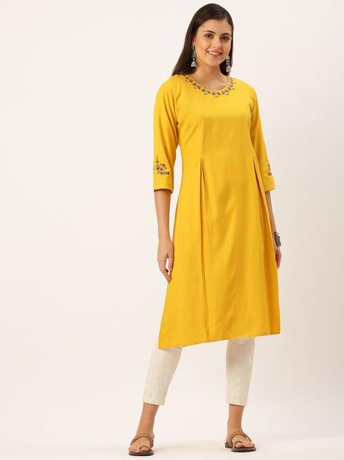 showoff mustard cotton calf length straight kurta