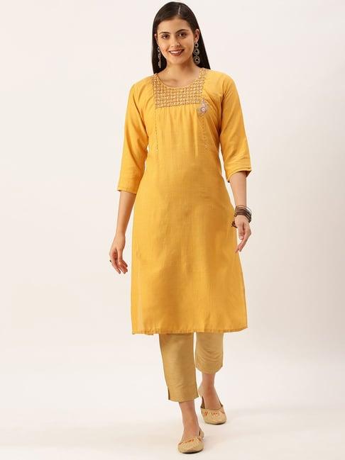 showoff mustard cotton embellished calf length straight kurta