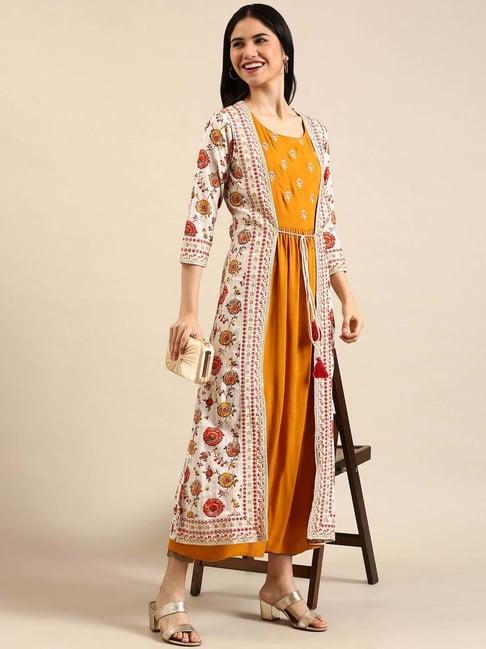 showoff mustard cotton embroidered a line kurta with jacket