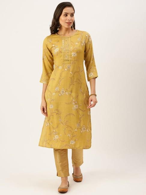 showoff mustard cotton floral calf length straight kurta