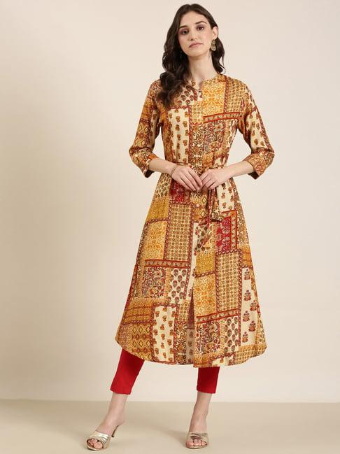 showoff mustard cotton floral print kurta