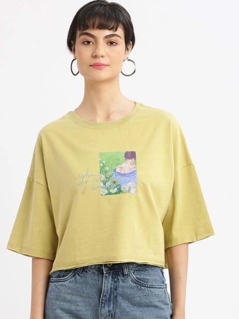 showoff mustard cotton printed t-shirt