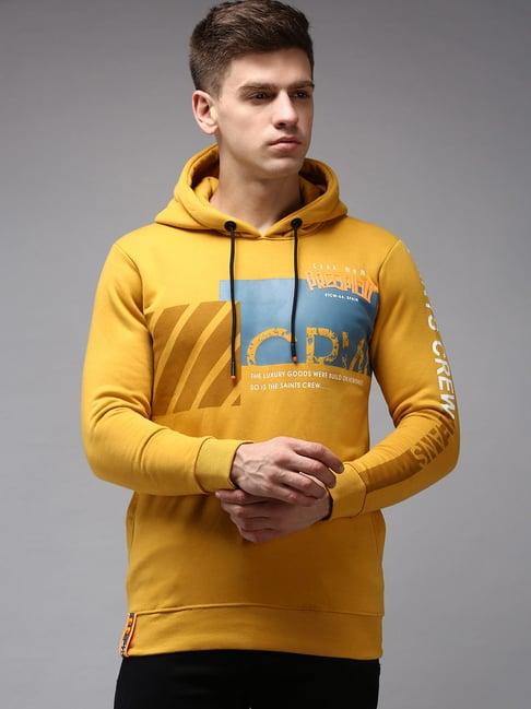 showoff mustard cotton regular fit printed hooded sweatshirt