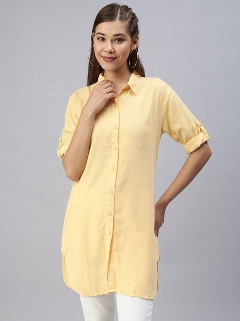 showoff mustard cotton solid shirt dress