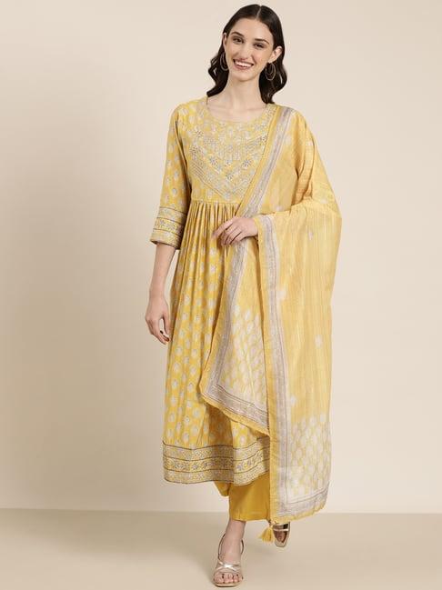 showoff mustard embroidered kurta with pants & dupatta