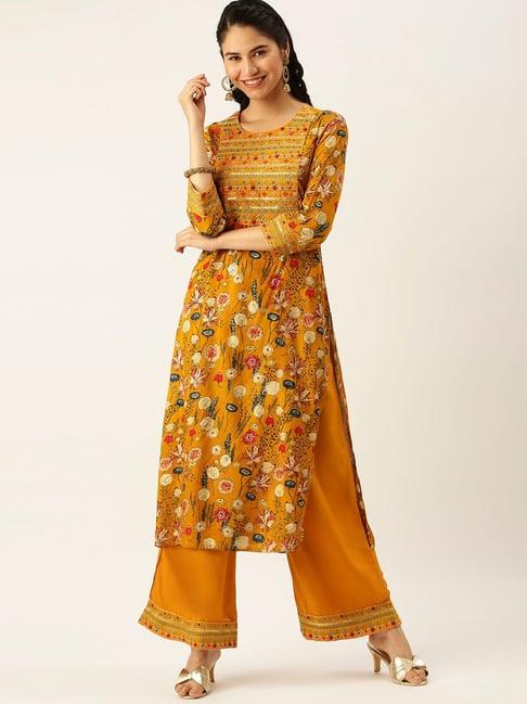 showoff mustard floral print straight kurta with palazzo