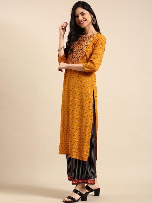 showoff mustard printed straight calf length kurta with palazzo & dupatta